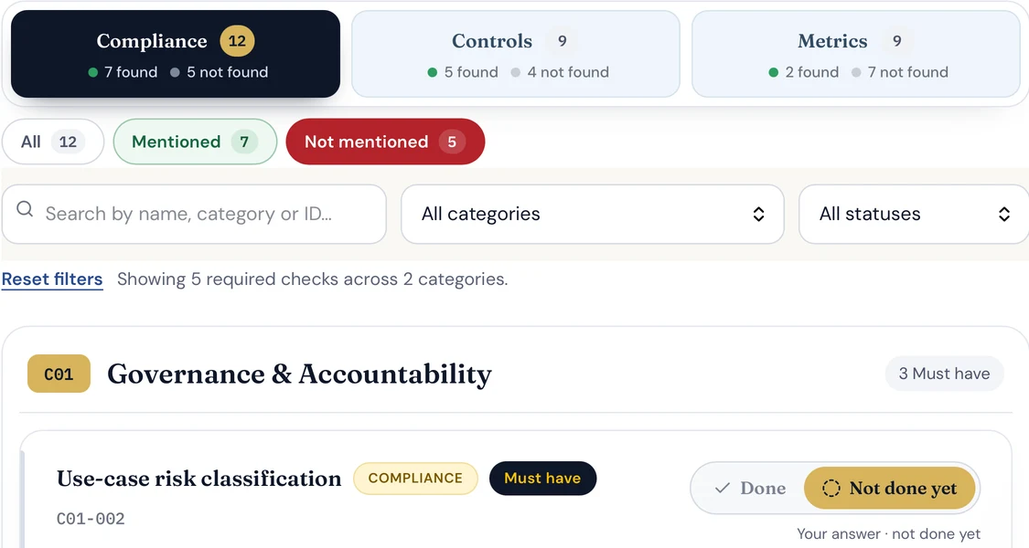 A cropped checklist showing check-type filters, document mentions and editable Done or Not done yet responses.