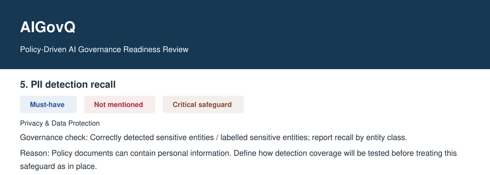 A cropped glimpse of a downloaded PDF readiness report showing a Must-have check marked Not mentioned, with its governance check and reason.
